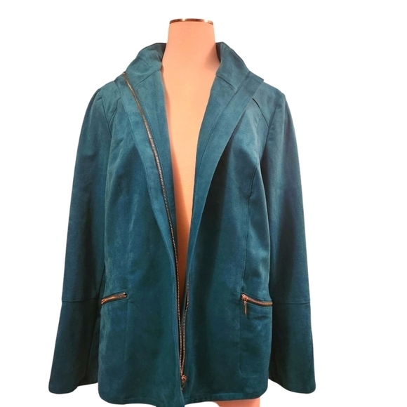 EUC CHICO'S BLUE TEAL BLAZER FAUX SUEDE FULL ZIP WOMEN'S MOTO JACKET SIZE 12/14 - Picture 3 of 10